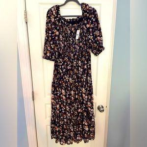 Ann Taylor Navy Blue Floral Smocked Maxi Dress Square Neck Size 4